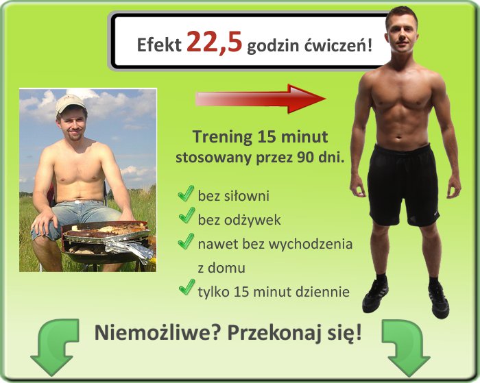 Przekonaj się! Efekt 22,5 godzin ćwiczeń! Trening 15 minut stosowany przez 90 dni. Bez siłowni, bez odżywek, nawet bez wychdozenia z domu, tylko 15 minut dziennie! Niemożliwe? Przekonaj się!